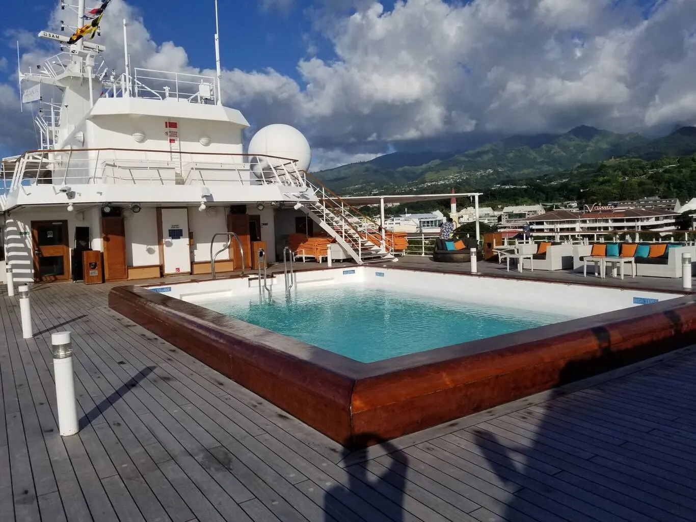 Pool deck aboard the Paul Gauguin overlooking Tahiti