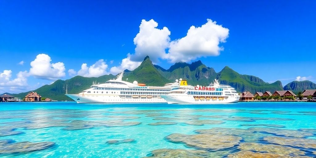 Bateau de croisière dans les eaux turquoise de Bora Bora avec des montagnes.