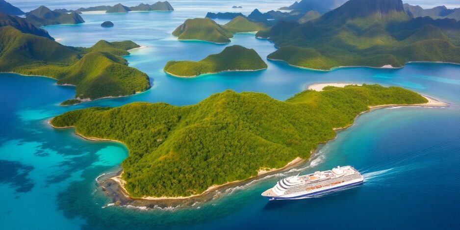 Luftaufnahme von Tahiti mit einem Kreuzfahrtschiff.