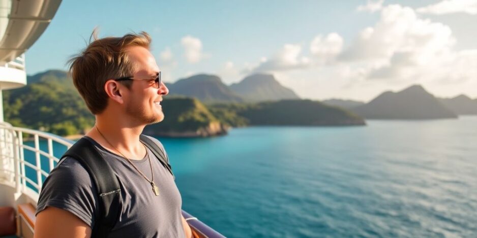 Voyageur en solo sur une croisière profitant de la vue sur l'océan.
