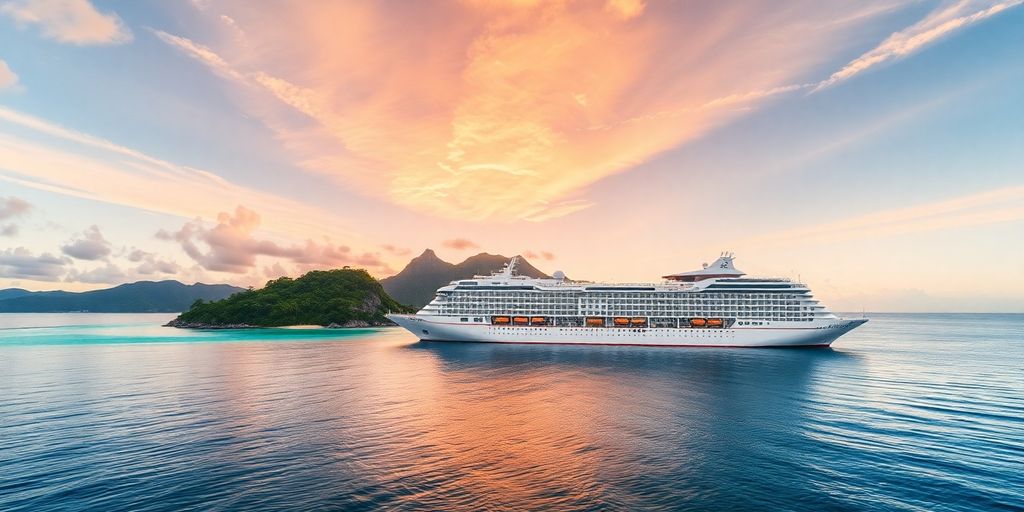 Paul Gauguin cruise ship near a tropical island.