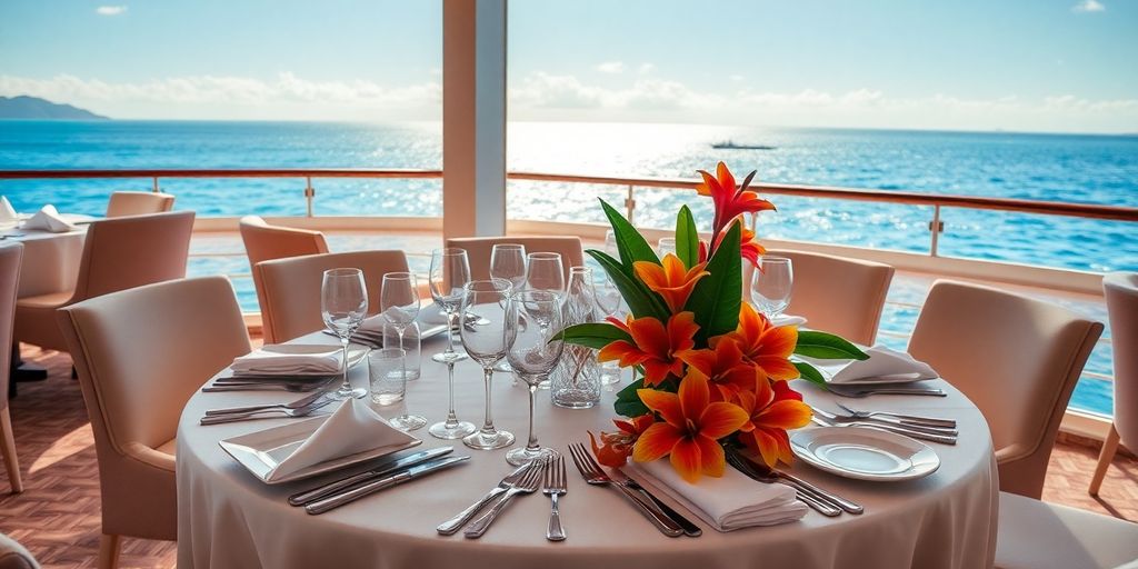 Elegant dining setup on a luxury cruise ship.