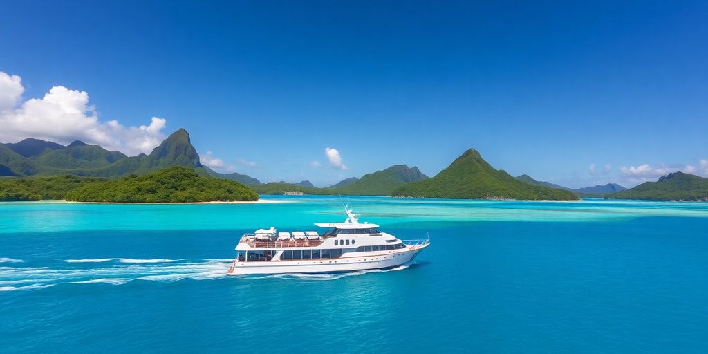 Small ship cruising in the clear waters of Bora Bora.