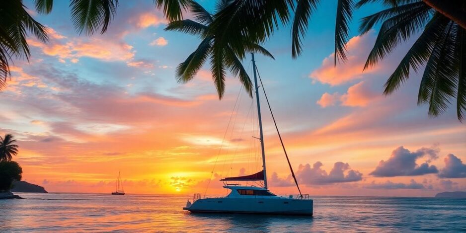 Tropical beach at sunset with palm trees and catamaran.
