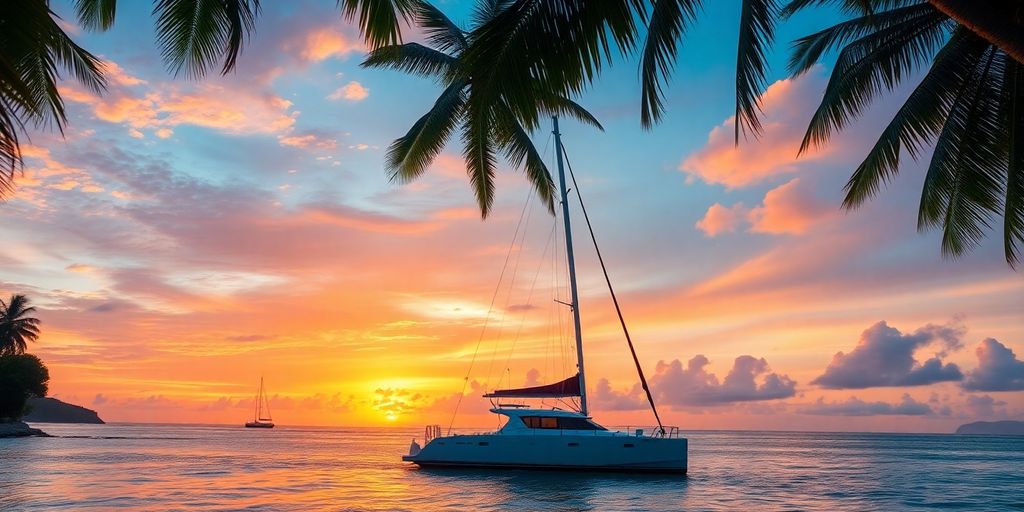Tropical beach at sunset with palm trees and catamaran.