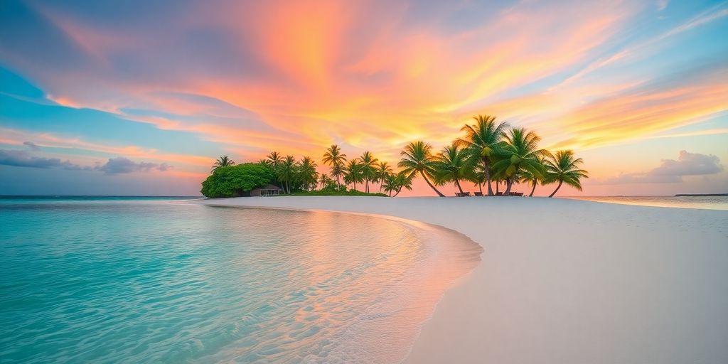 Plage tropicale avec des eaux turquoise et des palmiers.