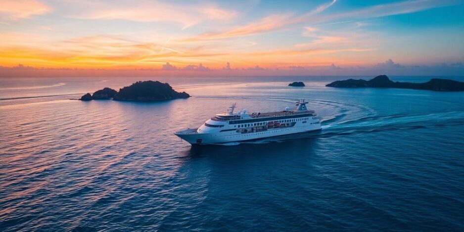 Sonnenuntergangs-Kreuzfahrt auf ruhigen Gewässern mit tropischen Inseln.