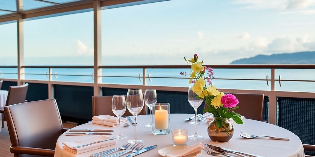 Mise en place élégante pour le dîner sur le pont d'un navire de croisière.