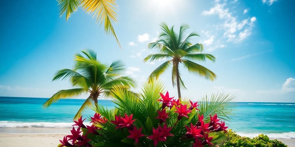 Tropical beach with clear waters and palm trees.