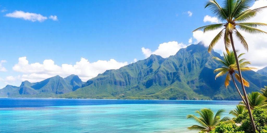 Lush green mountains and clear waters of Moorea.