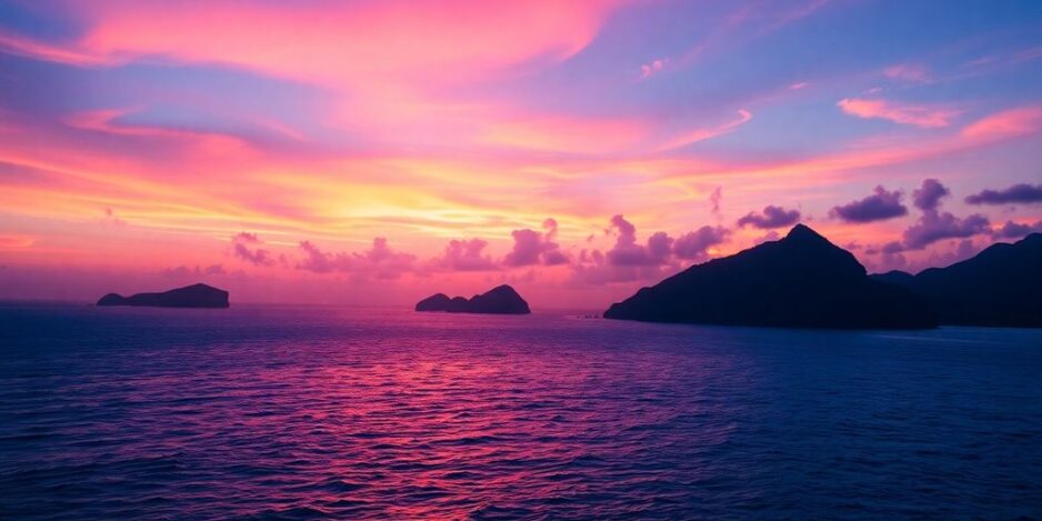Coucher de soleil sur des îles tropicales dans le Pacifique Sud.
