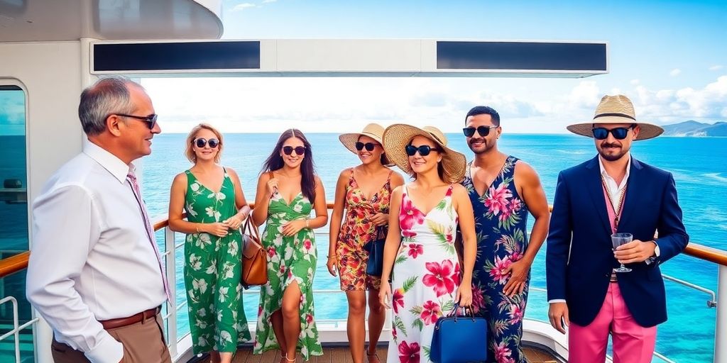 Elegant travelers in tropical attire on a cruise.