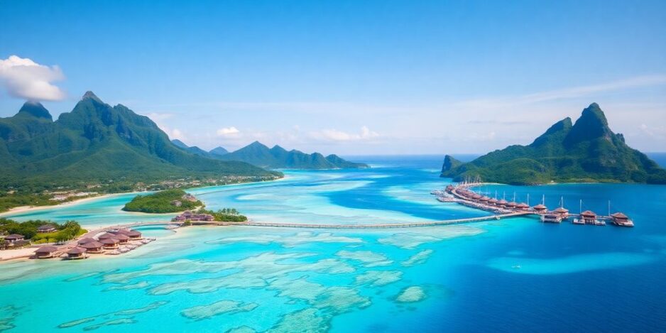 Vue aérienne des eaux turquoise de Bora Bora et des bungalows.