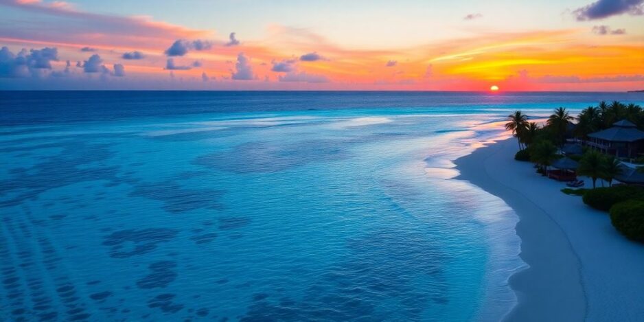 Plage tropicale avec des palmiers et des complexes hôteliers de luxe au coucher du soleil.
