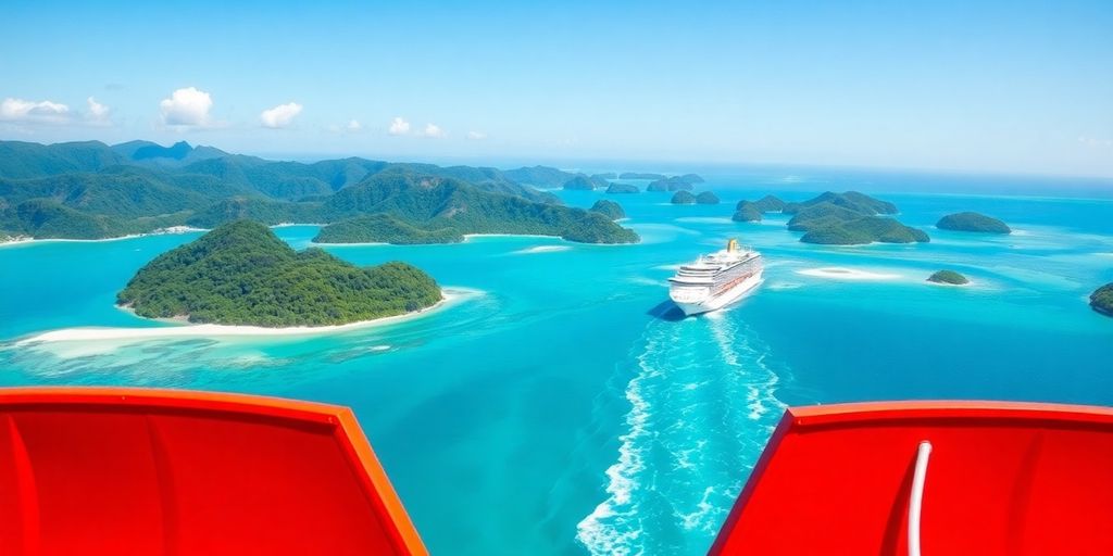 Bateau de croisière dans des eaux turquoise près d'îles tropicales.