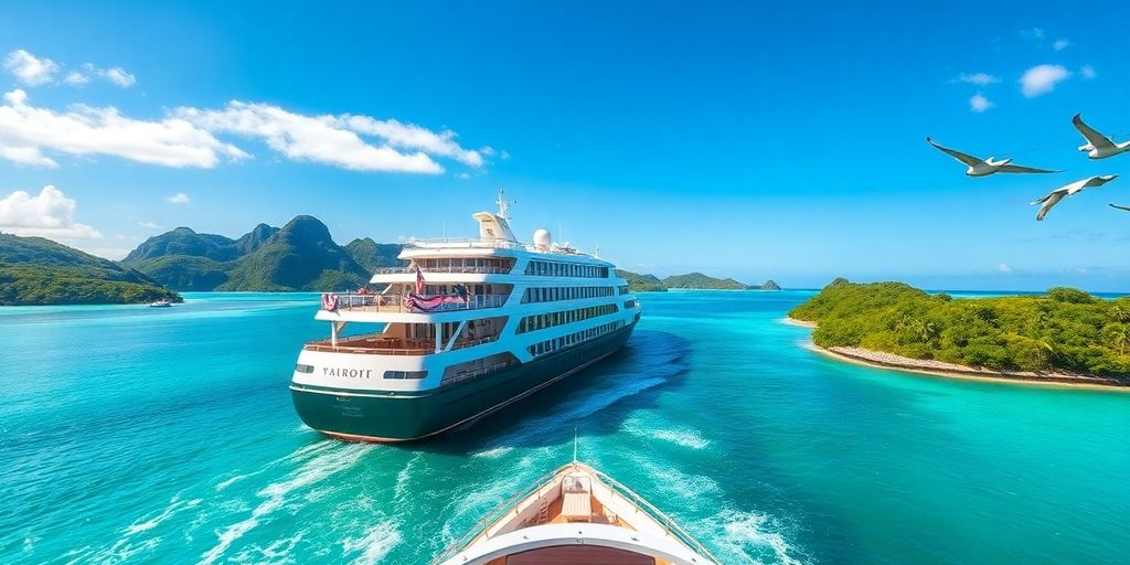 Bateau de croisière luxueux Paul Gauguin dans des eaux tropicales.