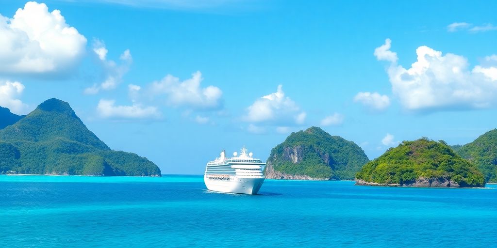 Luxuriöses Kreuzfahrtschiff auf klarem türkisfarbenem Wasser.