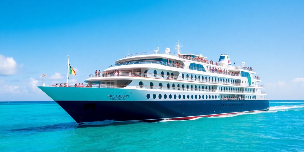 Paul Gauguin Kreuzfahrtschiff auf türkisfarbenem Ozeanwasser.