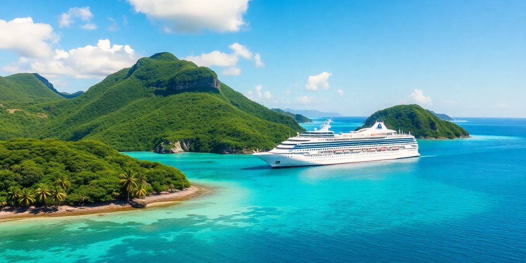 Luxury cruise ship in tropical waters with islands.