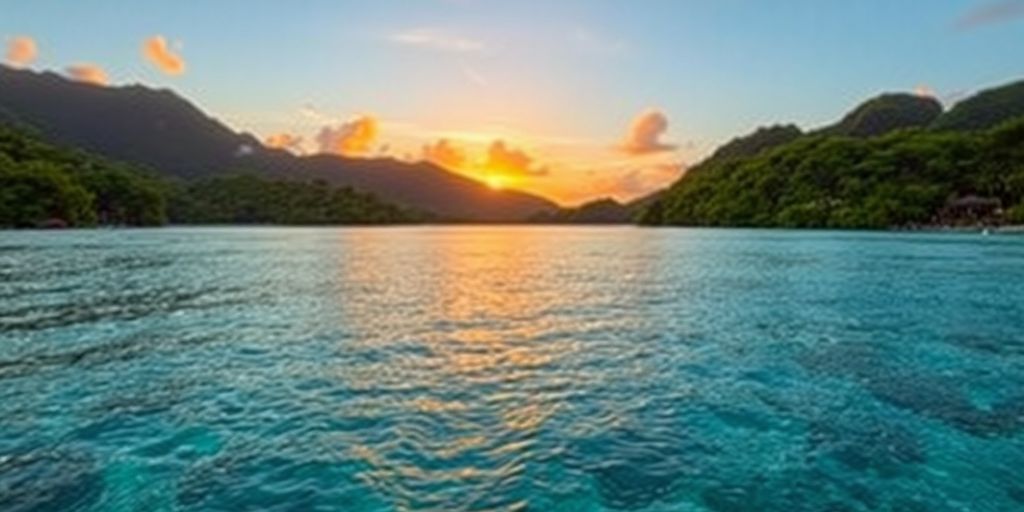 Tropical landscape with clear waters and vibrant sunsets.