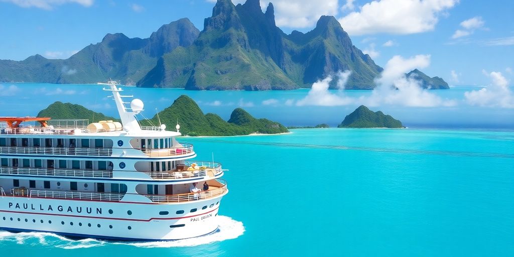 Paul Gauguin Kreuzfahrtschiff in tropischen Gewässern.