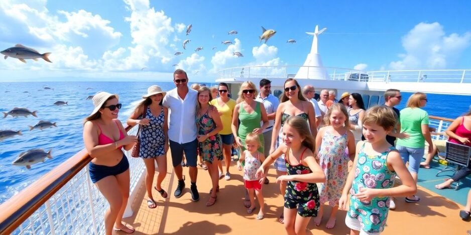 Families enjoying fun activities on a tropical cruise.