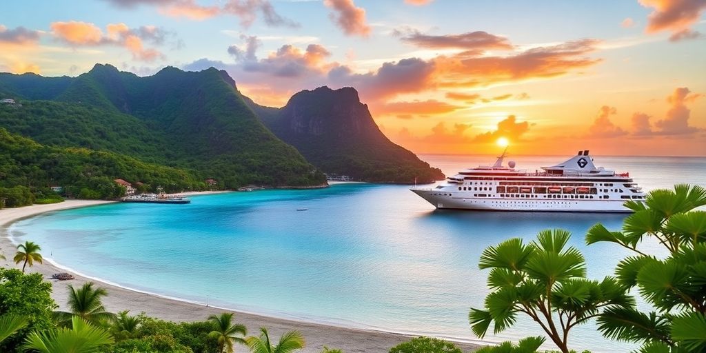 Tropical landscape with a cruise ship at sunset.