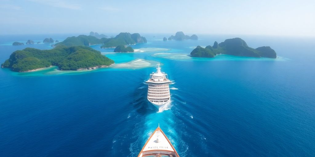 Kreuzfahrtschiff in tropischen Gewässern mit üppigen Inseln.