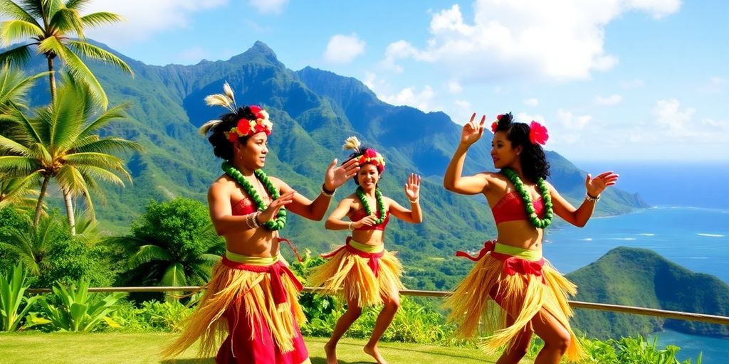 Polynesische Tänzer in traditioneller Kleidung, die in der Natur auftreten.
