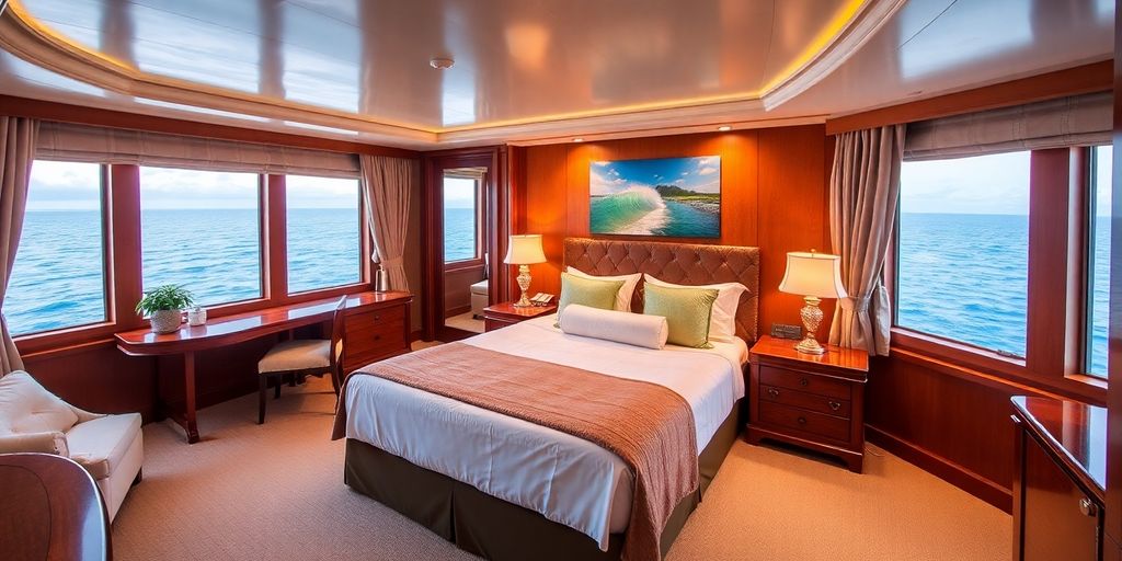 Luxury cruise cabin with ocean view and elegant decor.
