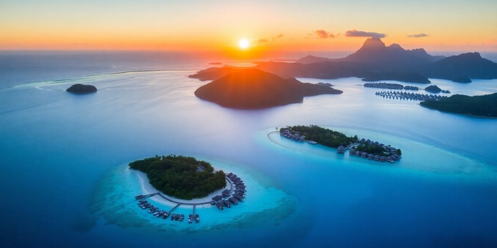 Aerial view of Tahiti and Bora Bora islands at sunset.