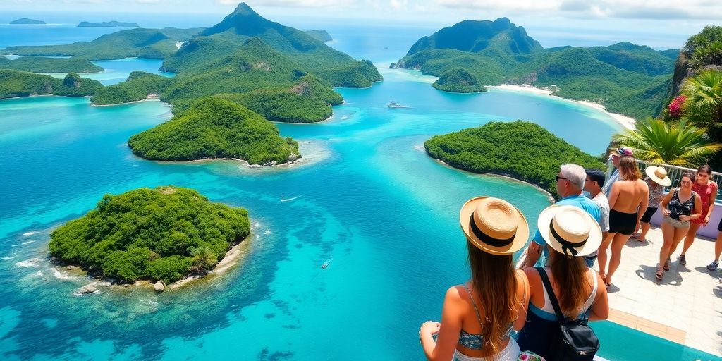 Vibrant shore excursion in French Polynesia with tourists.