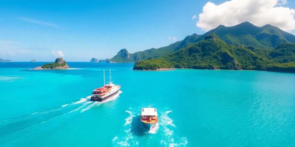 Kleines Schiff, das in den schönen Gewässern des Südpazifiks segelt.