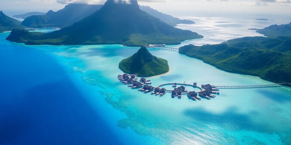 Vue aérienne de Bora Bora avec lagon turquoise et bungalows.