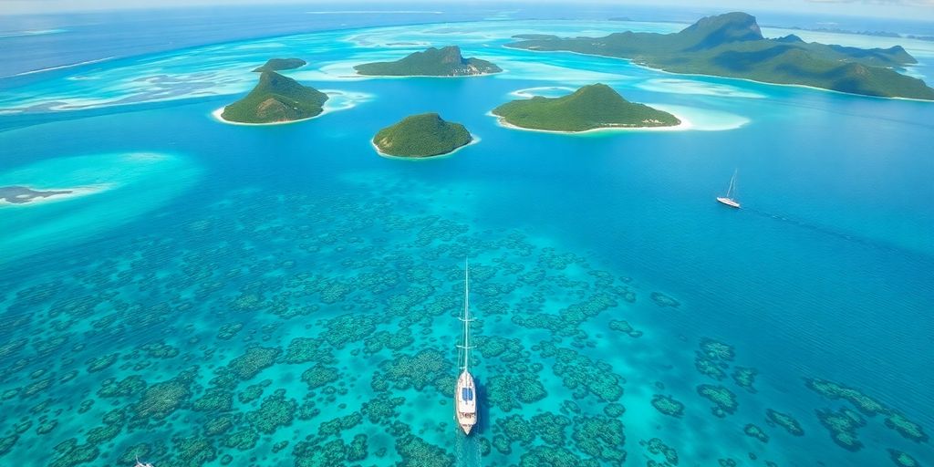 Segelboote auf türkisfarbenem Wasser in der Nähe von üppigen tropischen Inseln.