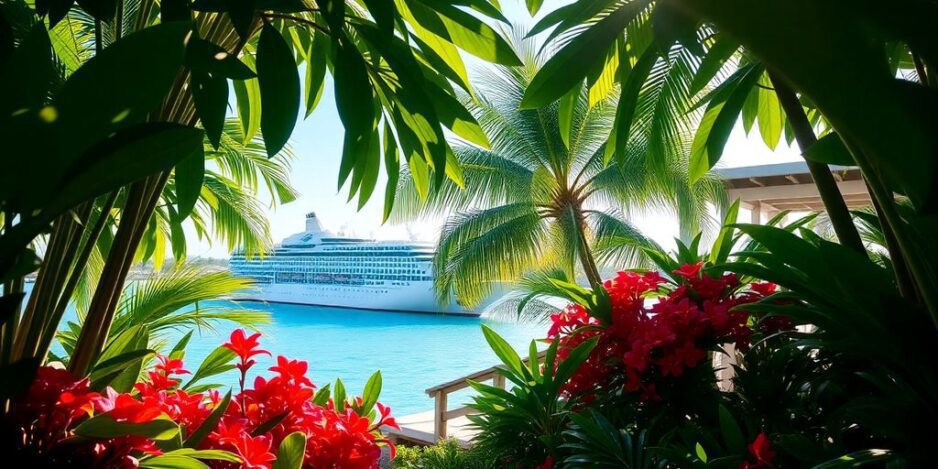 Privater Rückzugsort mit tropischem Grün und Kreuzfahrtschiff.