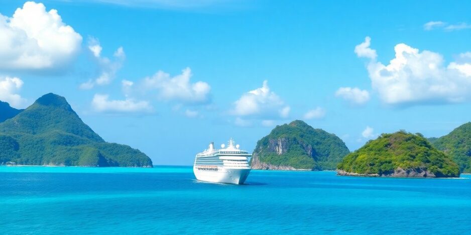 Navire de croisière luxueux sur des eaux turquoise claires.