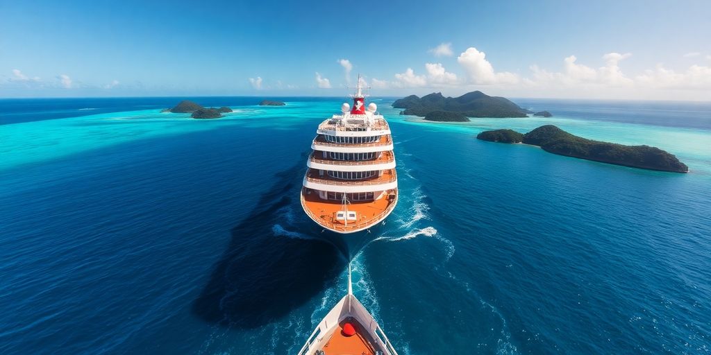 Paul Gauguin cruise ship in tropical waters.