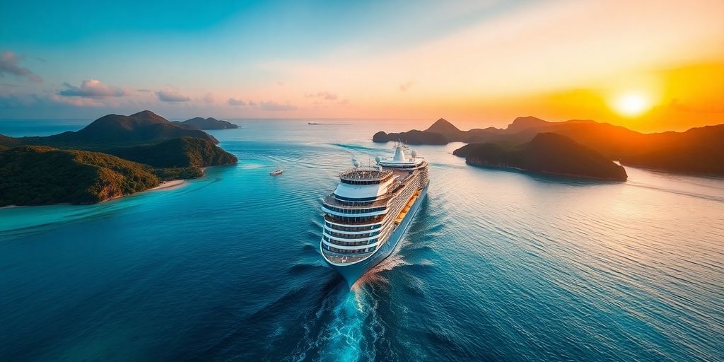 Luxuskreuzfahrtschiff bei Sonnenuntergang im tropischen Paradies.