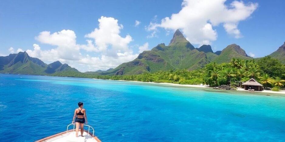 Voyageur solitaire en croisière tropicale près des eaux bleues.