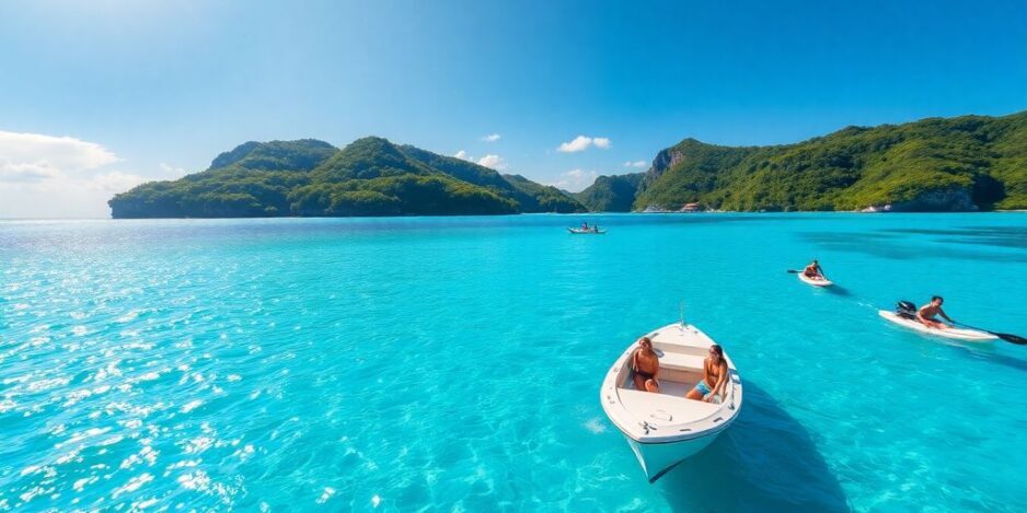 Paradis tropical avec des eaux turquoise et des îles luxuriantes.