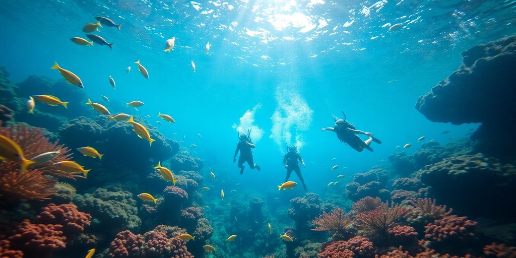 Snorkelers in clear water exploring vibrant coral reefs.