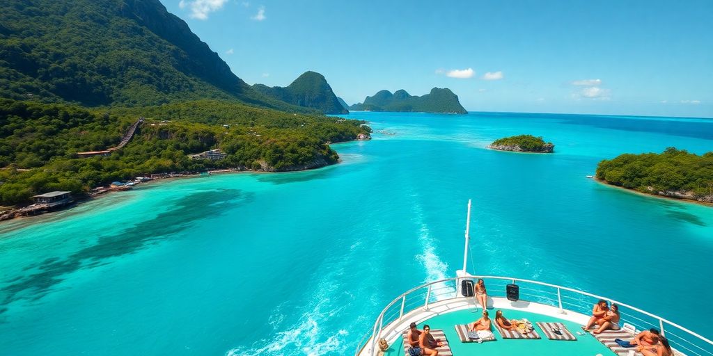 Luxury cruise ship in tropical waters with happy passengers.