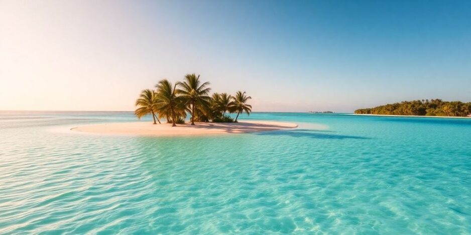 Îlot tropical avec des palmiers et des eaux turquoise.