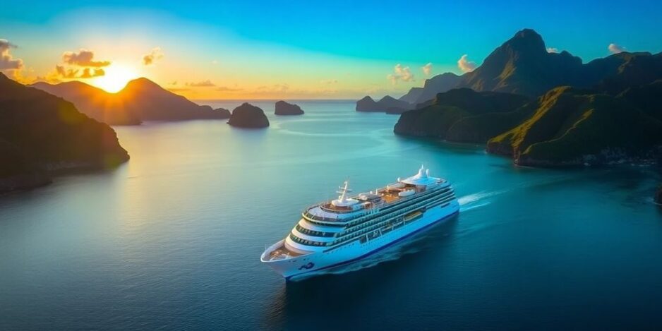 Paul Gauguin cruise ship in tropical waters at sunset.