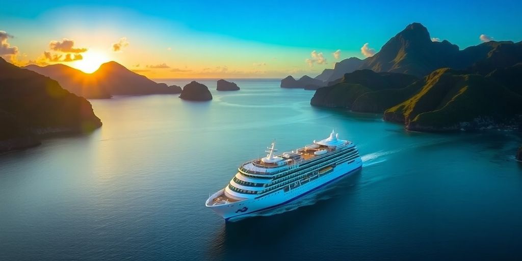 Paul Gauguin cruise ship in tropical waters at sunset.