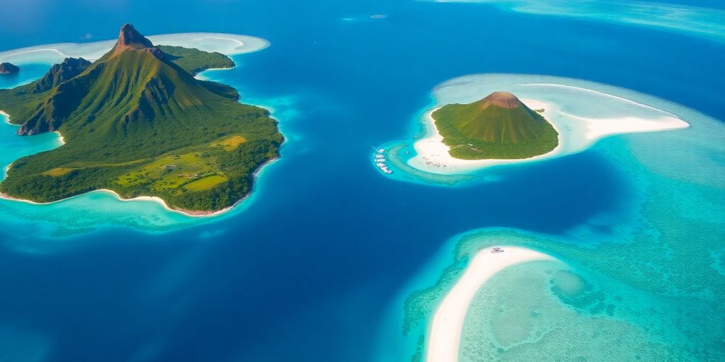 Vue aérienne des îles Tahiti et Bora Bora.
