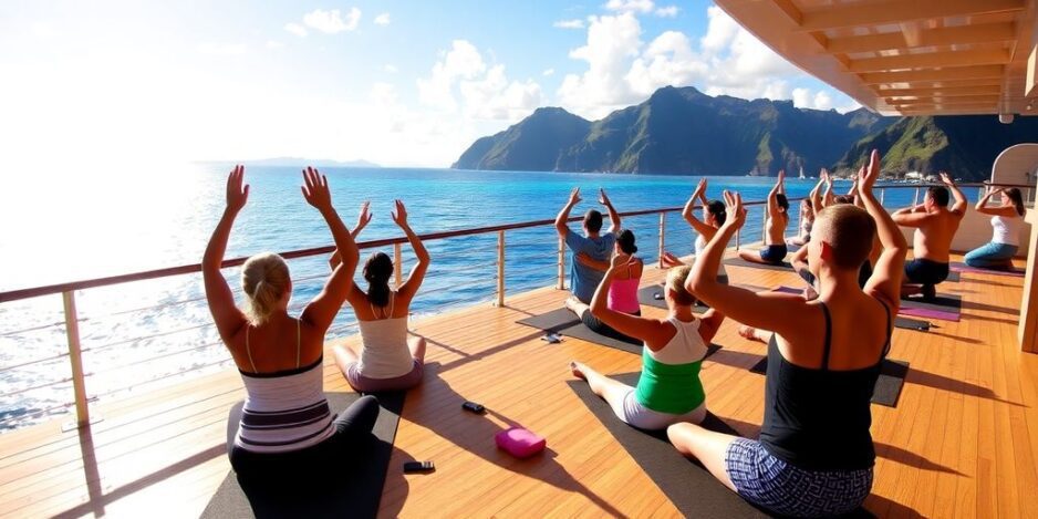 Travelers doing yoga on a cruise deck with ocean view.