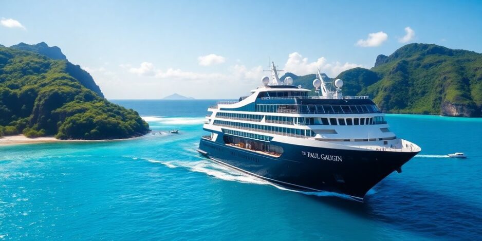 Navire de croisière Paul Gauguin dans les eaux tropicales.