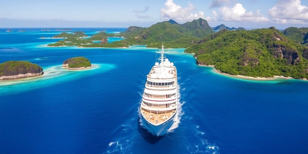 Luxurious cruise ship in tropical waters near islands.